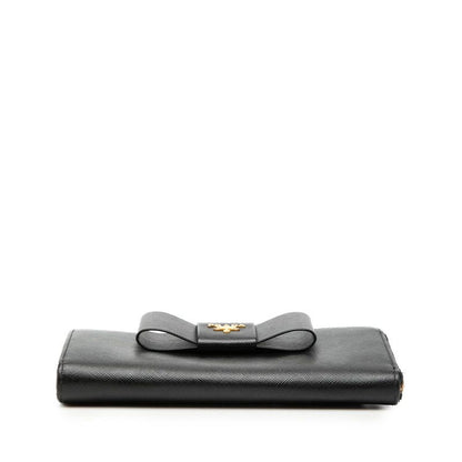 Prada Logo Ribbon L-shaped Zipper Wallet Nero Black Saffiano Leather