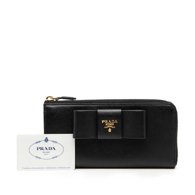 Prada Logo Ribbon L-shaped Zipper Wallet Nero Black Saffiano Leather