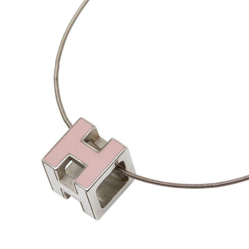 Hermes Cage de Ash Cube Necklace Silver Pink Metal Enamel
