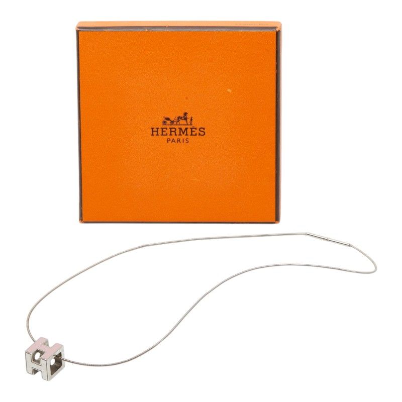 Hermes Cage de Ash Cube Necklace Silver Pink Metal Enamel