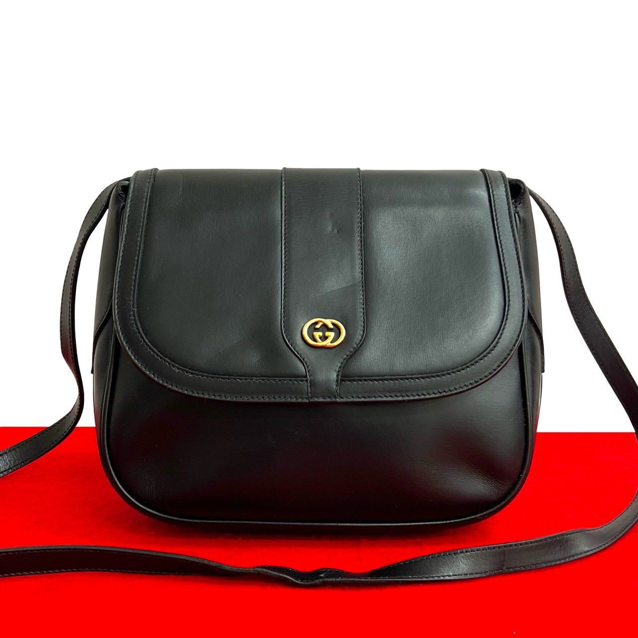 Gucci Vintage GG Logo Leather Shoulder Bag Pochette Crossbody Black