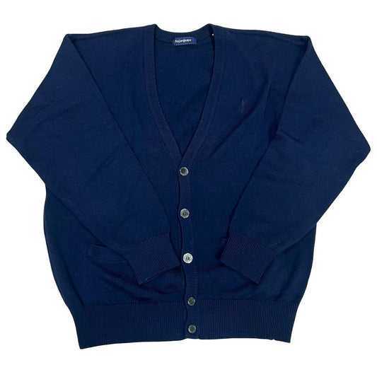 Saint Laurent Yves YSL Logo Embroidery Wool Cardigan Knit Sweater L Navy