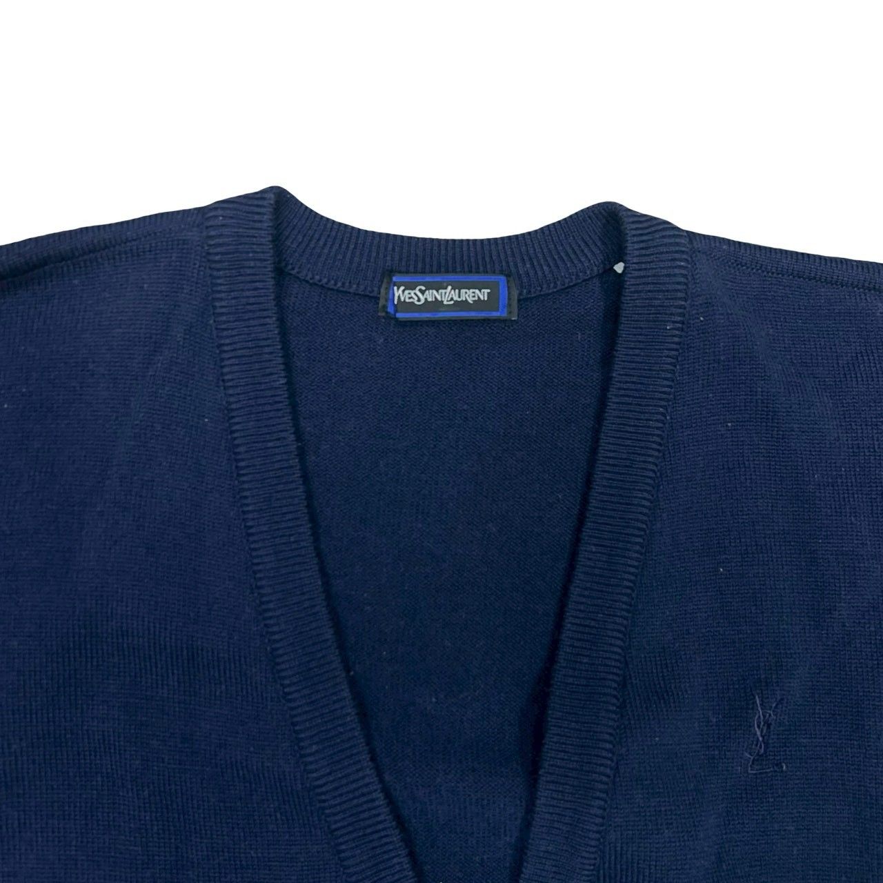 Saint Laurent Yves YSL Logo Embroidery Wool Cardigan Knit Sweater L Navy