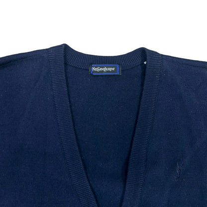Saint Laurent Yves YSL Logo Embroidery Wool Cardigan Knit Sweater L Navy