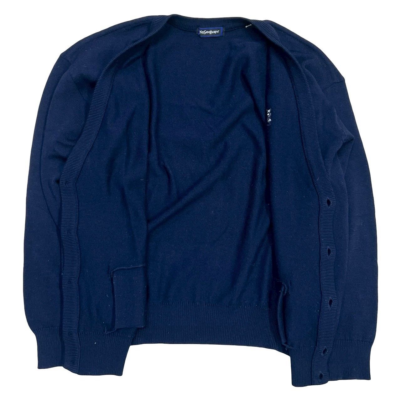 Saint Laurent Yves YSL Logo Embroidery Wool Cardigan Knit Sweater L Navy