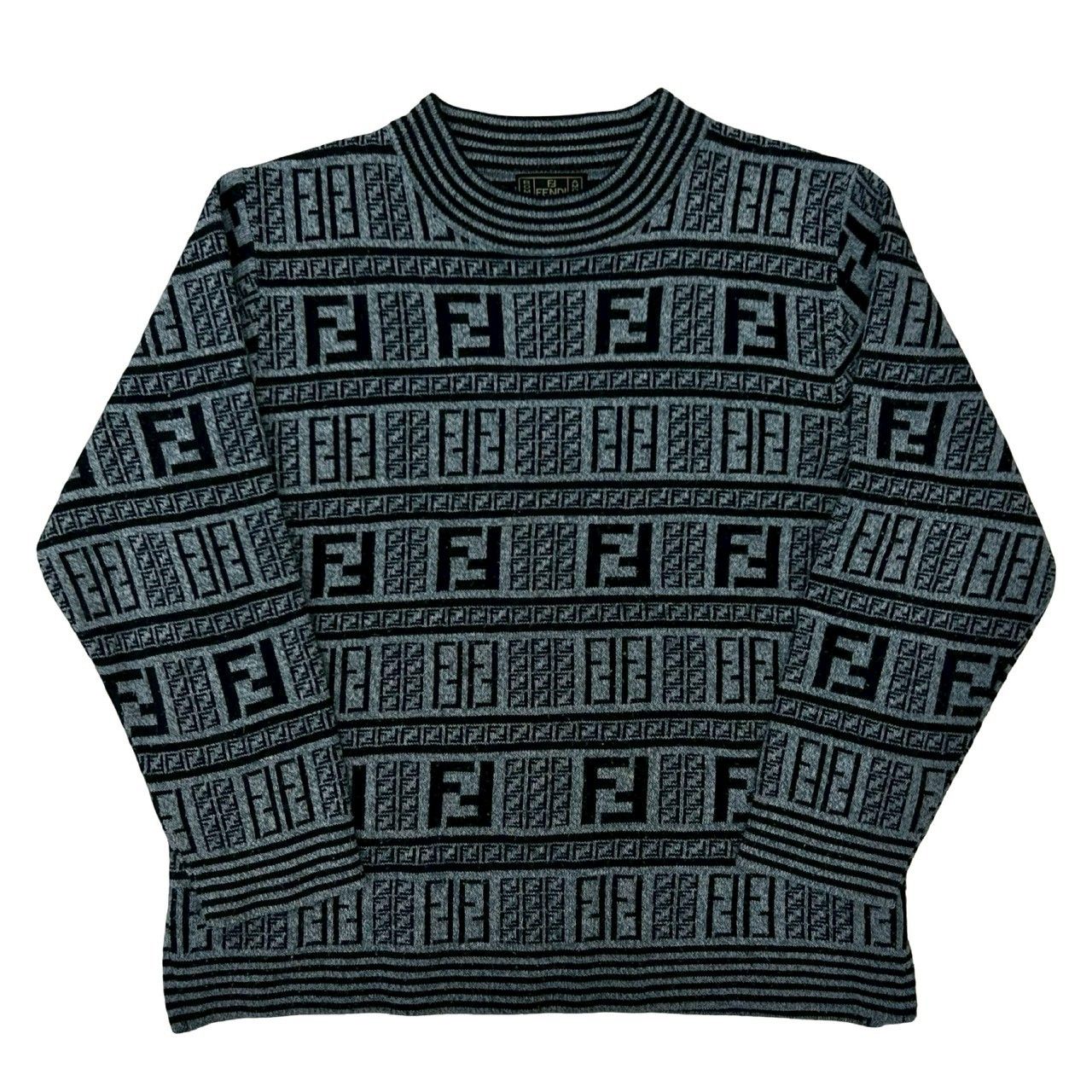 Fendi Zucca FF All Over Pattern Wool Acrylic Sweater Knit Mock Neck Gray Black