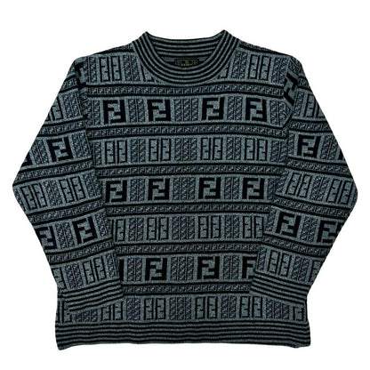 Fendi Zucca FF All Over Pattern Wool Acrylic Sweater Knit Mock Neck Gray Black
