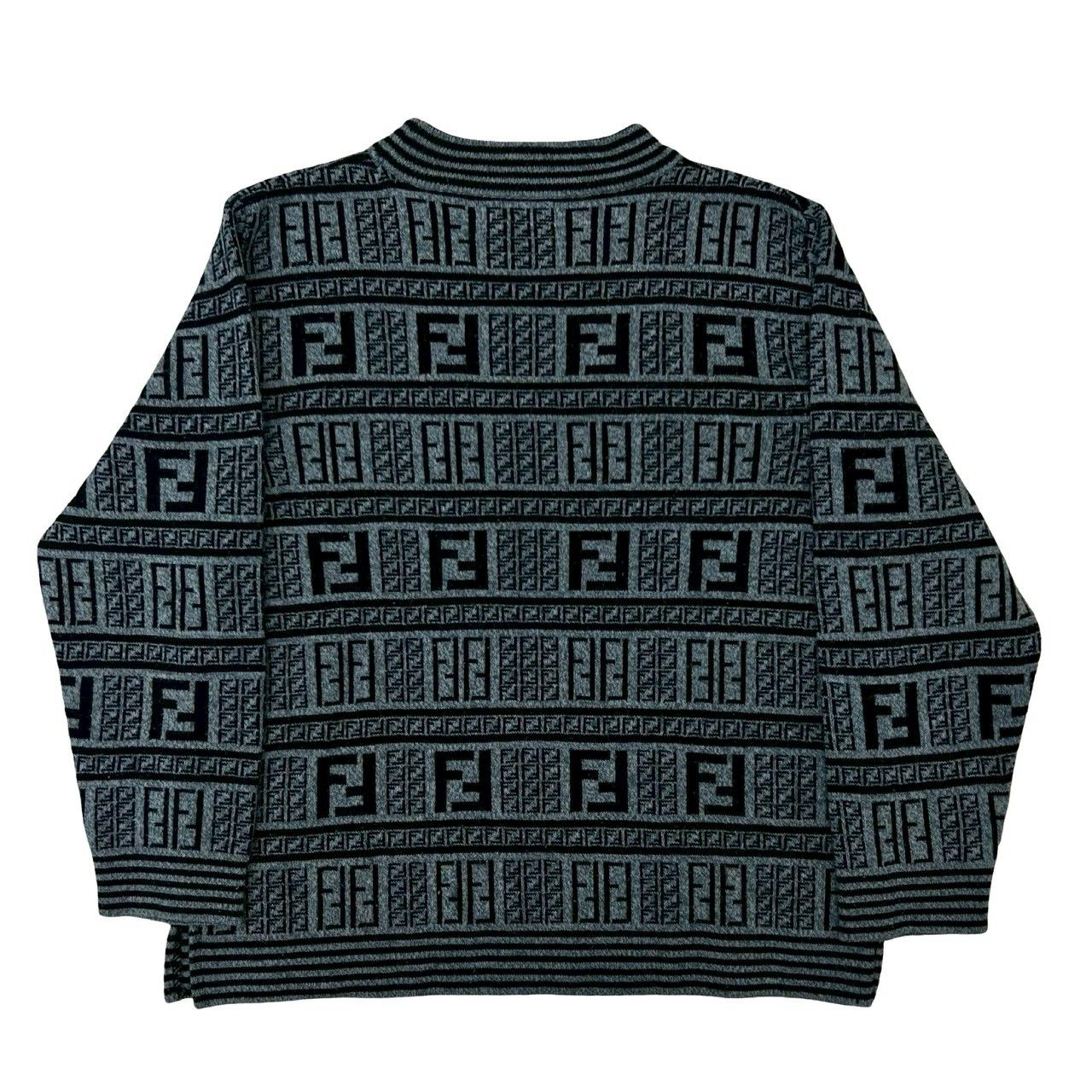 Fendi Zucca FF All Over Pattern Wool Acrylic Sweater Knit Mock Neck Gray Black