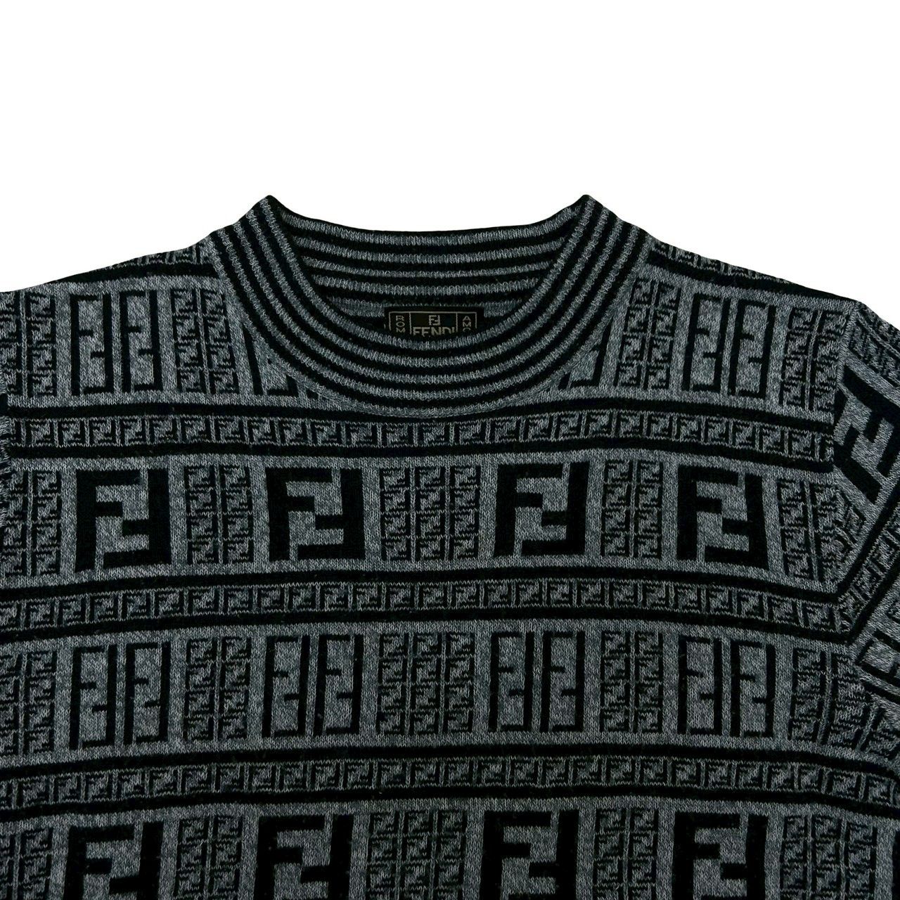 Fendi Zucca FF All Over Pattern Wool Acrylic Sweater Knit Mock Neck Gray Black