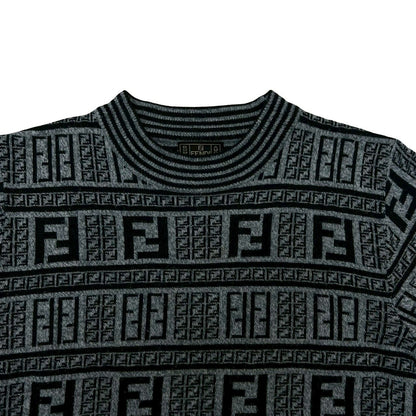 Fendi Zucca FF All Over Pattern Wool Acrylic Sweater Knit Mock Neck Gray Black