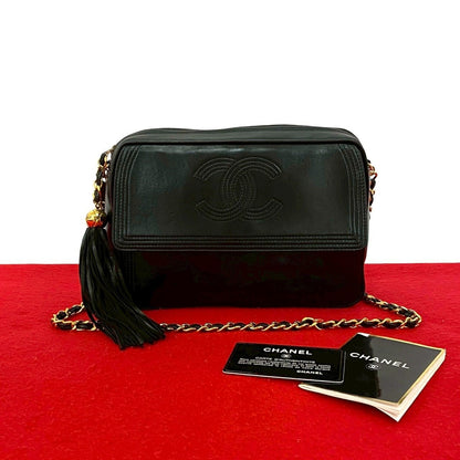 Chanel CC Logo Fringe Tassel Lambskin Chain Shoulder Bag Black