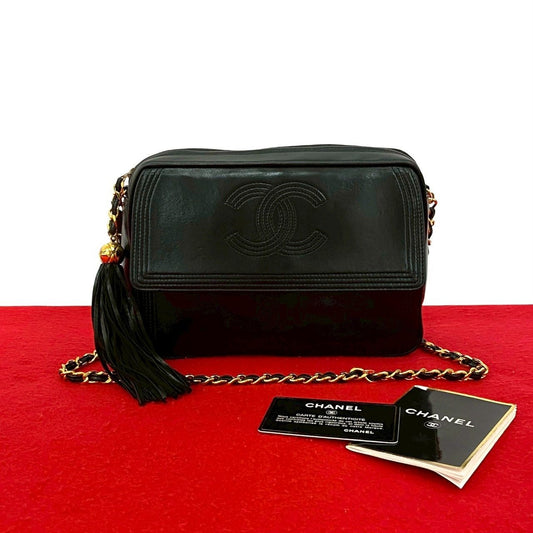 Chanel CC Logo Fringe Tassel Lambskin Chain Shoulder Bag Black