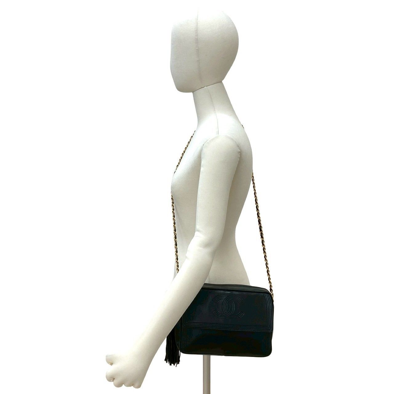 Chanel CC Logo Fringe Tassel Lambskin Chain Shoulder Bag Black