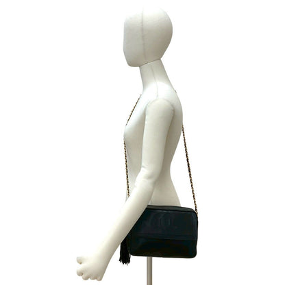Chanel CC Logo Fringe Tassel Lambskin Chain Shoulder Bag Black