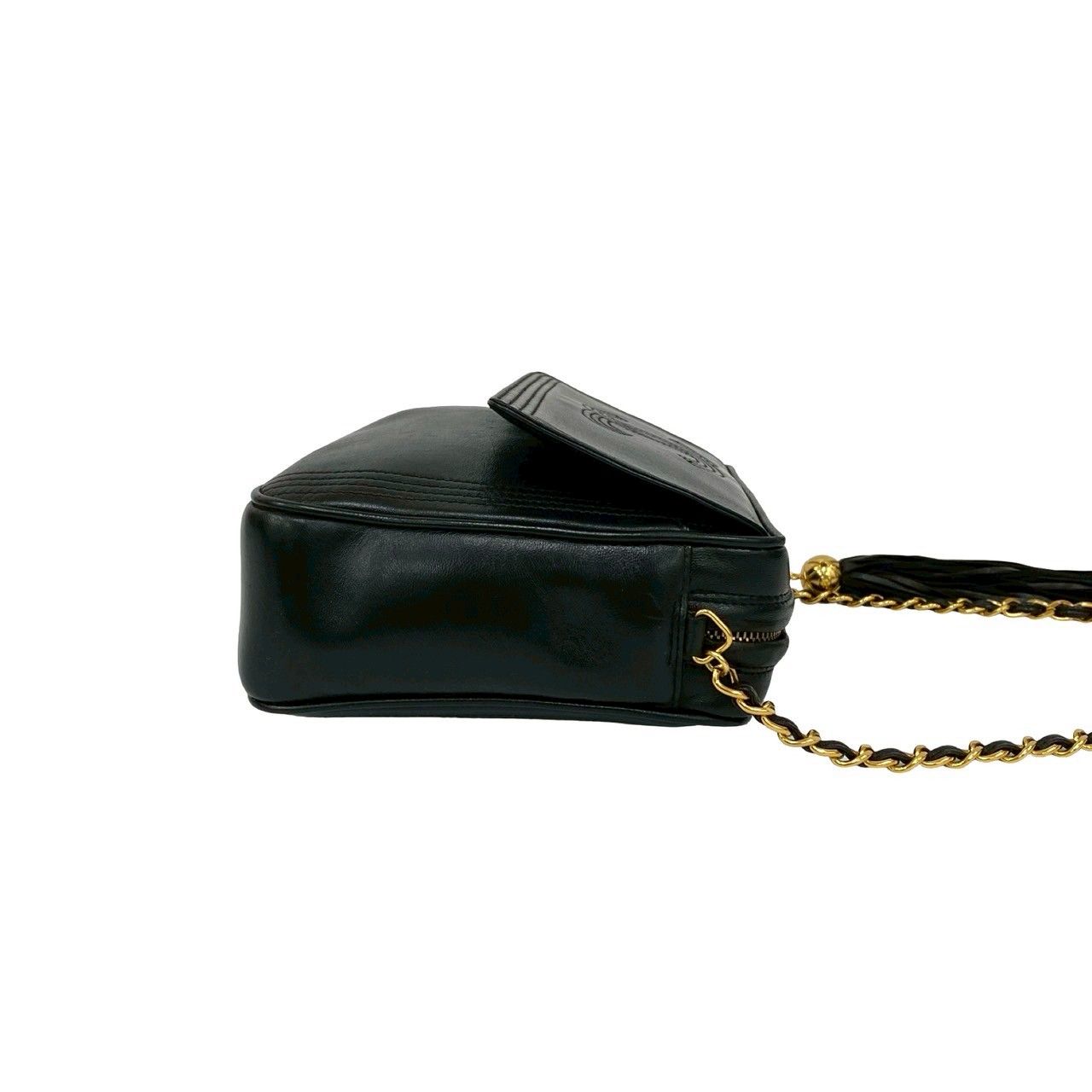Chanel CC Logo Fringe Tassel Lambskin Chain Shoulder Bag Black
