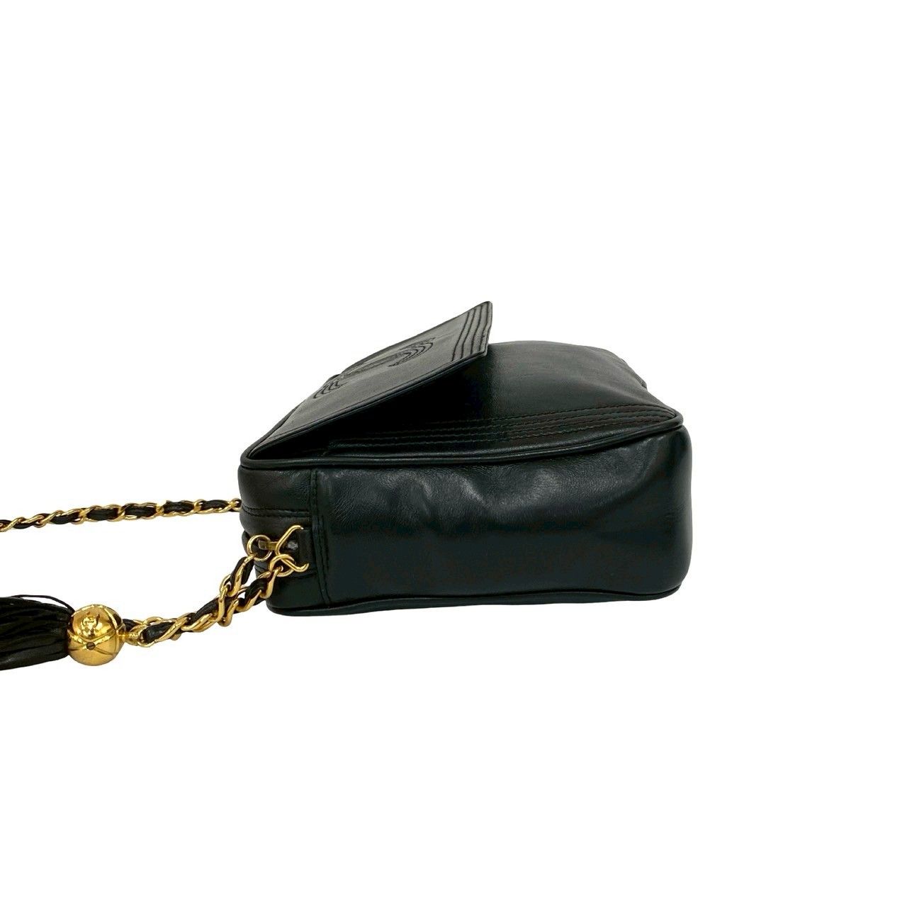 Chanel CC Logo Fringe Tassel Lambskin Chain Shoulder Bag Black