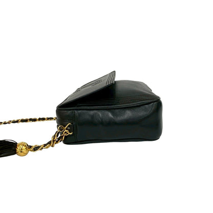 Chanel CC Logo Fringe Tassel Lambskin Chain Shoulder Bag Black