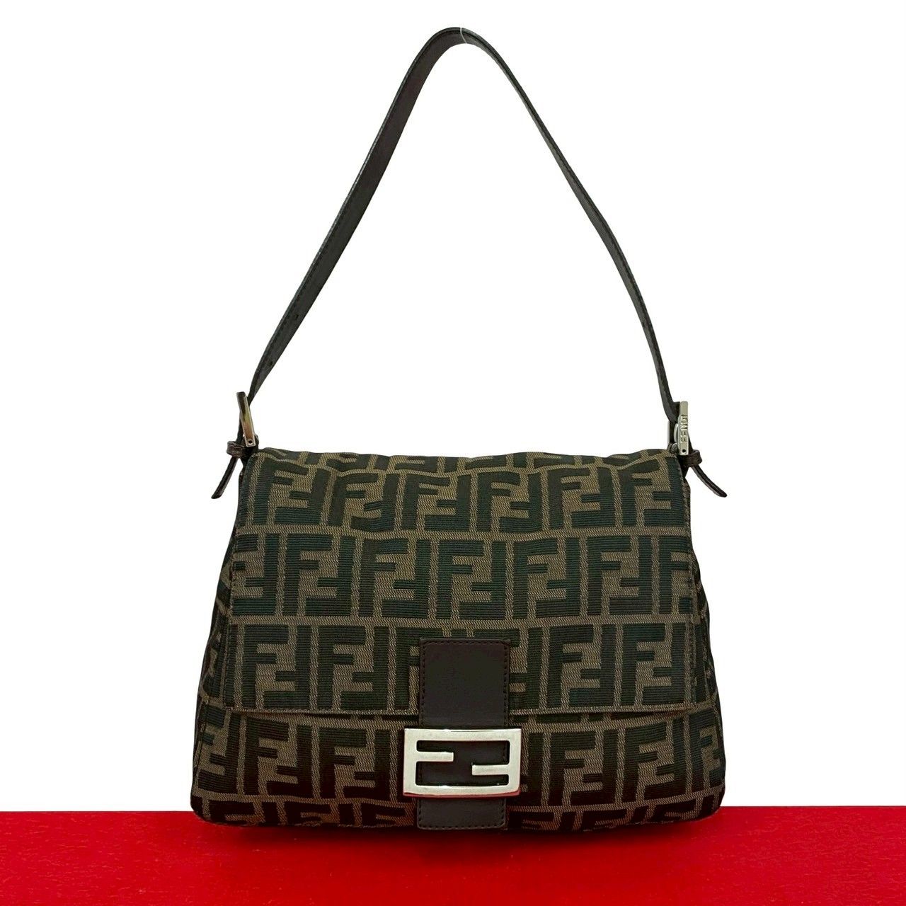 Fendi Mamma Bucket Zucca FF Logo Pattern Canvas Leather Shoulder Bag Brown