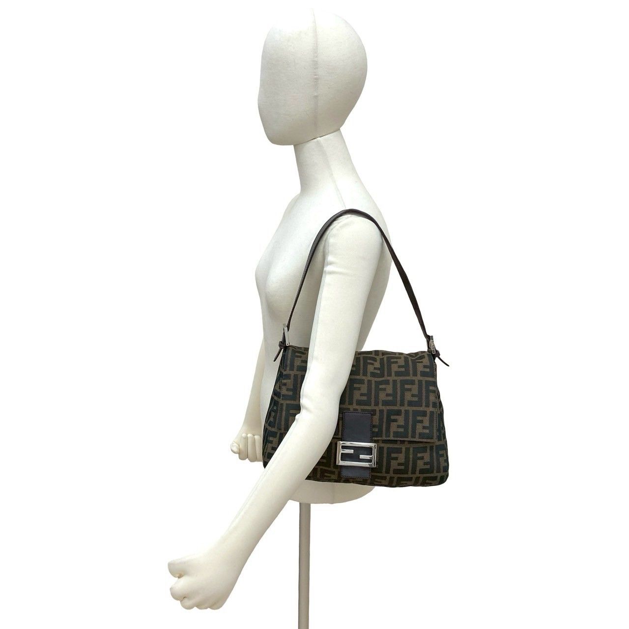 Fendi Mamma Bucket Zucca FF Logo Pattern Canvas Leather Shoulder Bag Brown