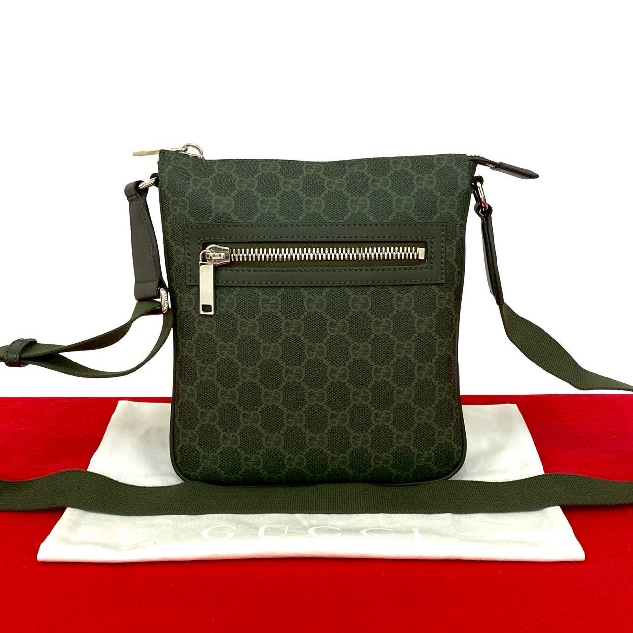 Gucci GG Pattern Small Messenger Bag Leather Crossbody Green