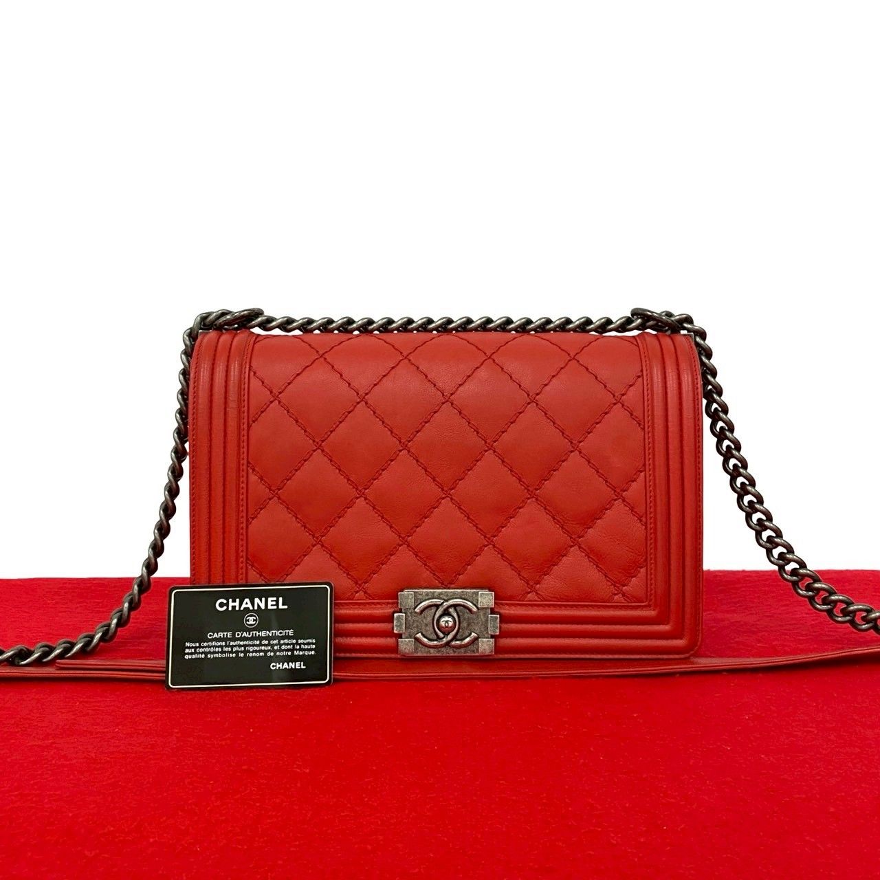 Chanel CC Logo Leather Chain Shoulder Bag Red
