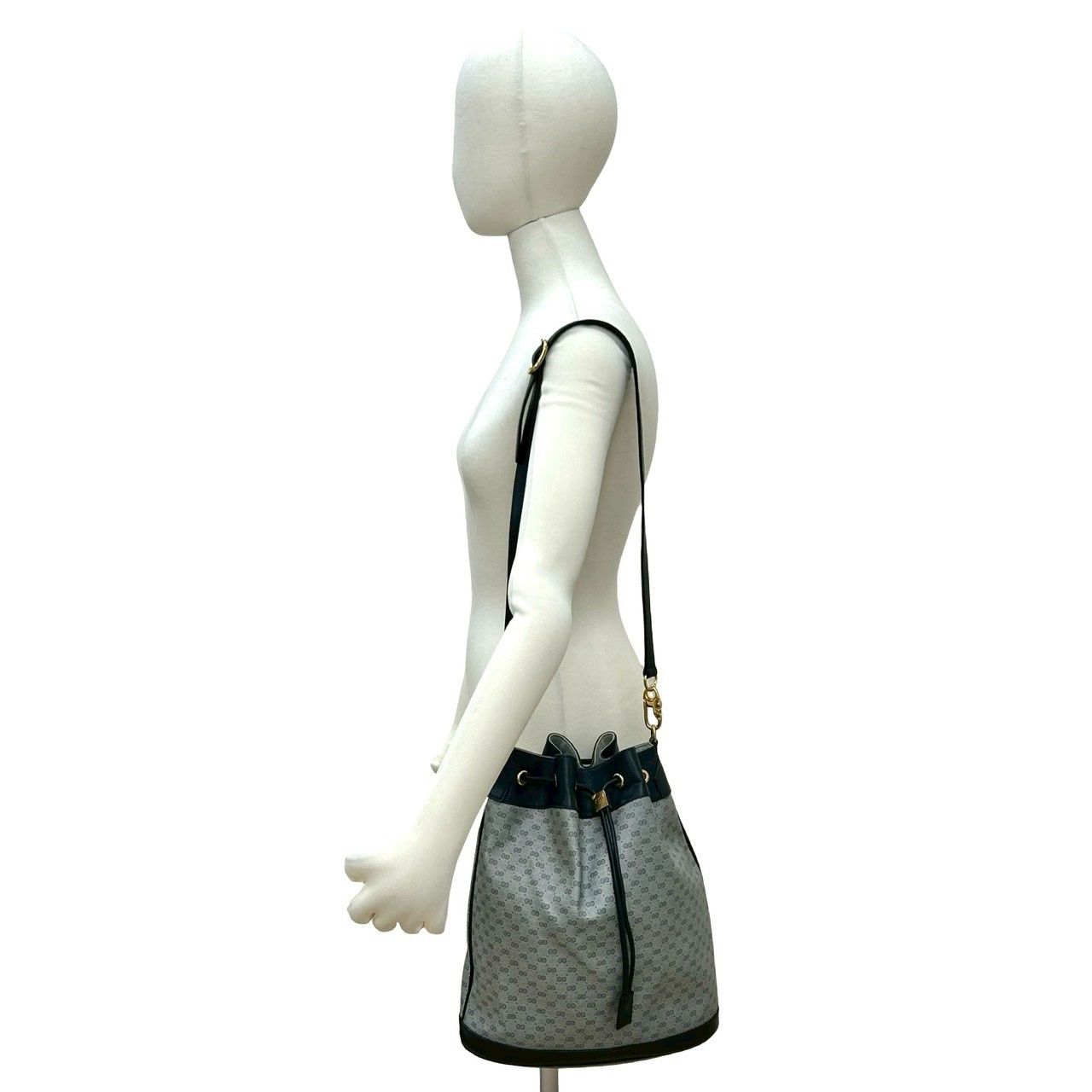 Gucci Vintage Micro GG Logo Leather Drawstring Shoulder Bag Navy