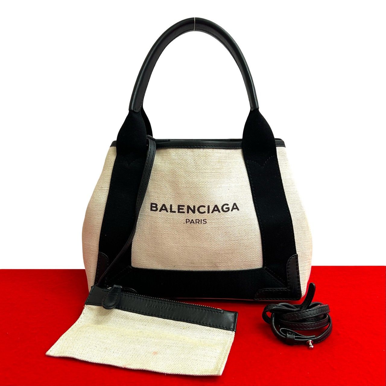 Balenciaga Navy Cabas S Canvas Leather 2-Way Shoulder Bag Ivory Black