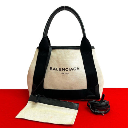 Balenciaga Navy Cabas S Canvas Leather 2-Way Shoulder Bag Ivory Black