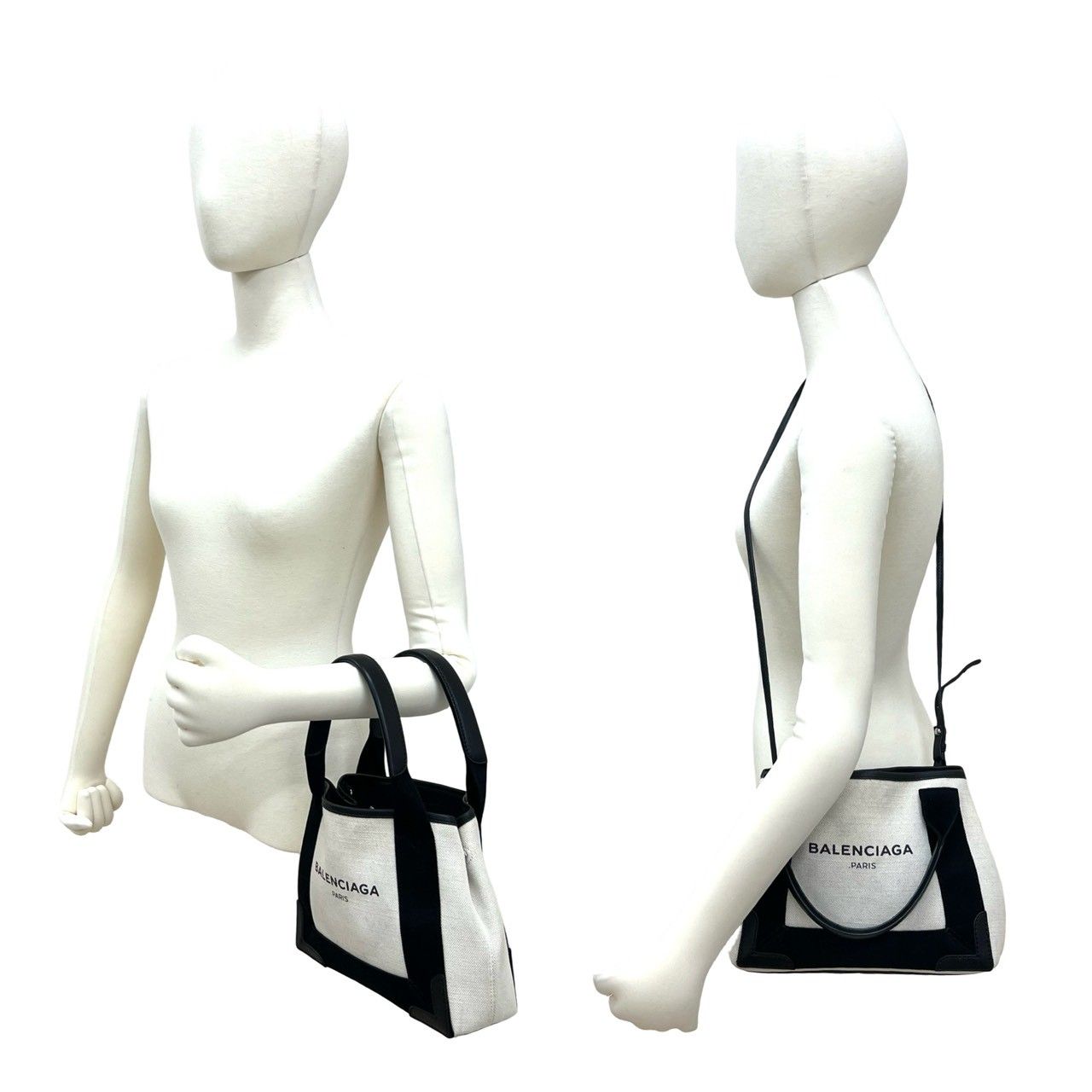 Balenciaga Navy Cabas S Canvas Leather 2-Way Shoulder Bag Ivory Black