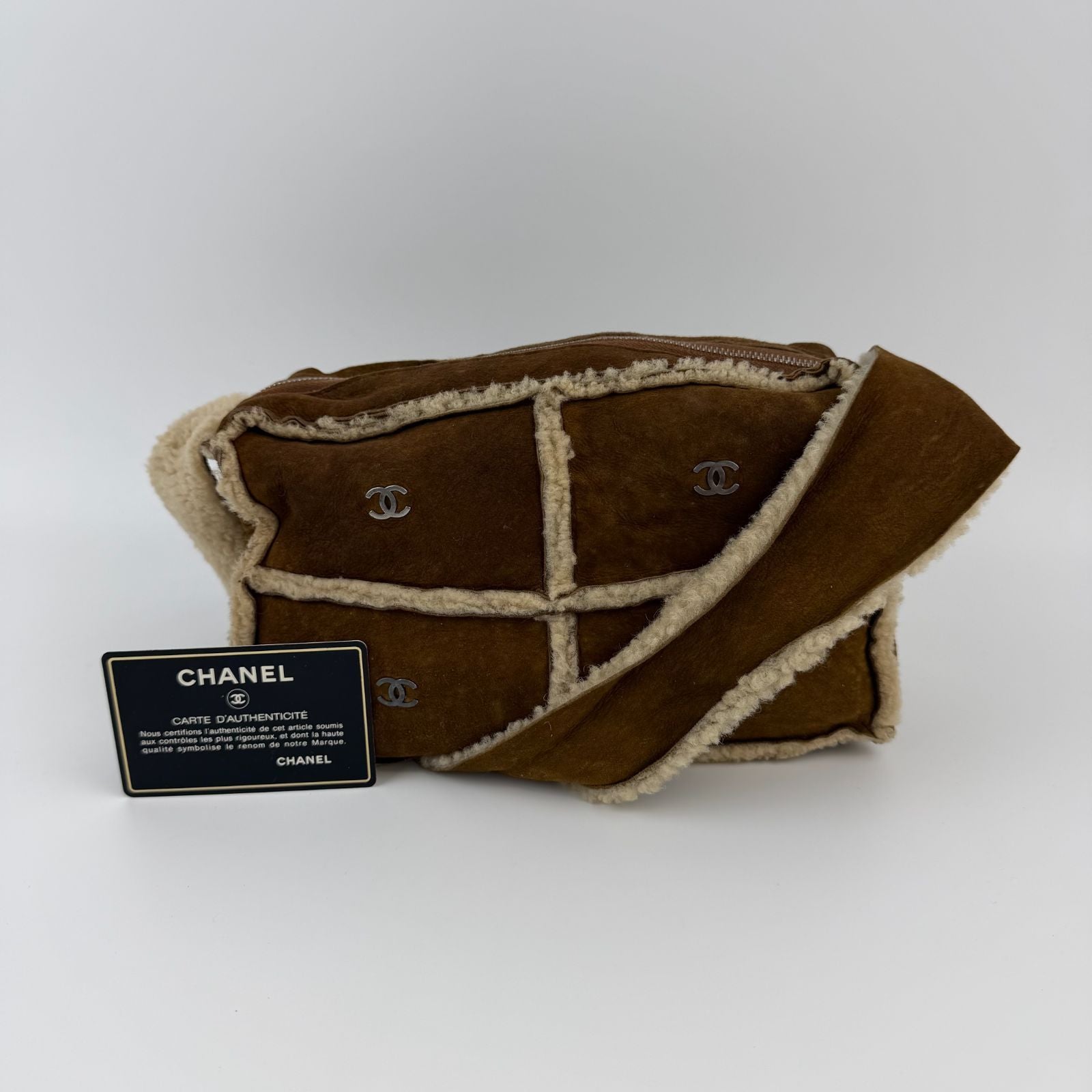 Chanel CC Logo Shoulder Bag Brown Shearling Suede Vintage