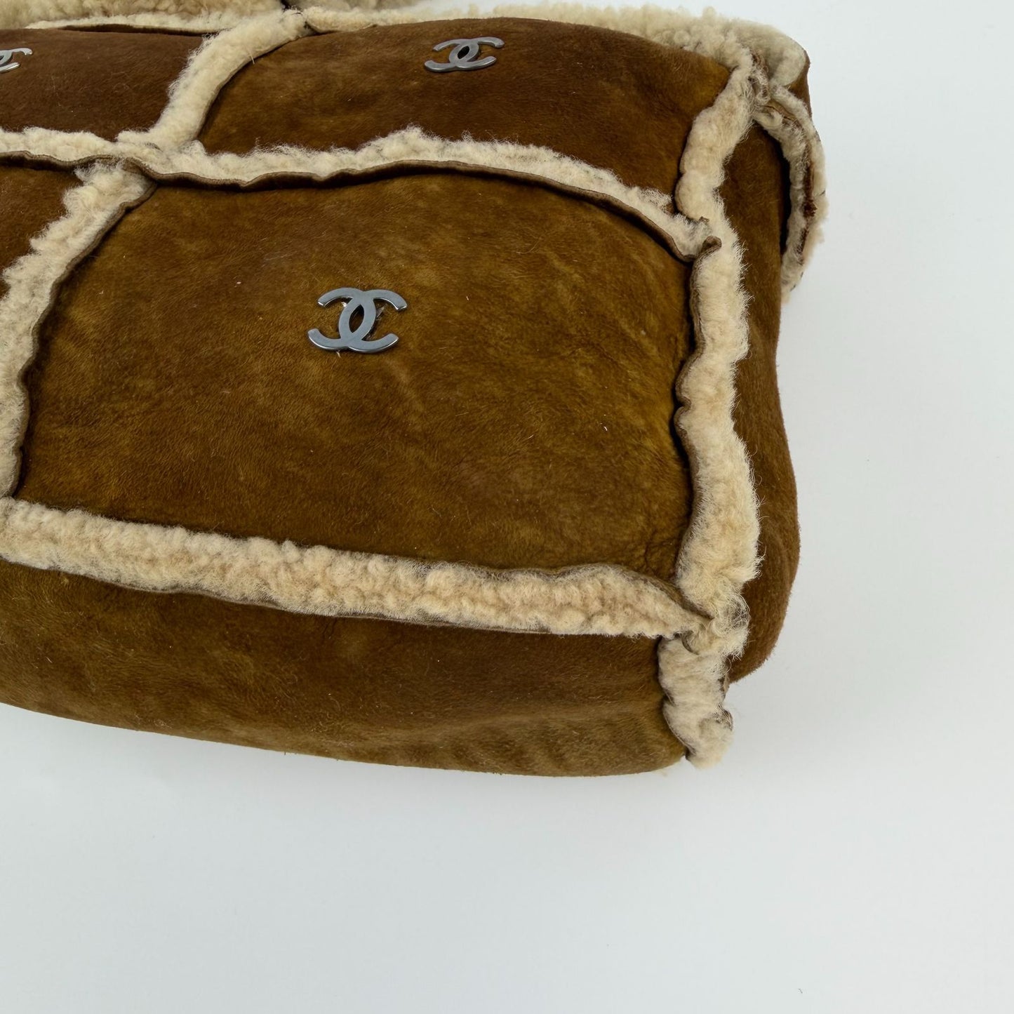 Chanel CC Logo Shoulder Bag Brown Shearling Suede Vintage