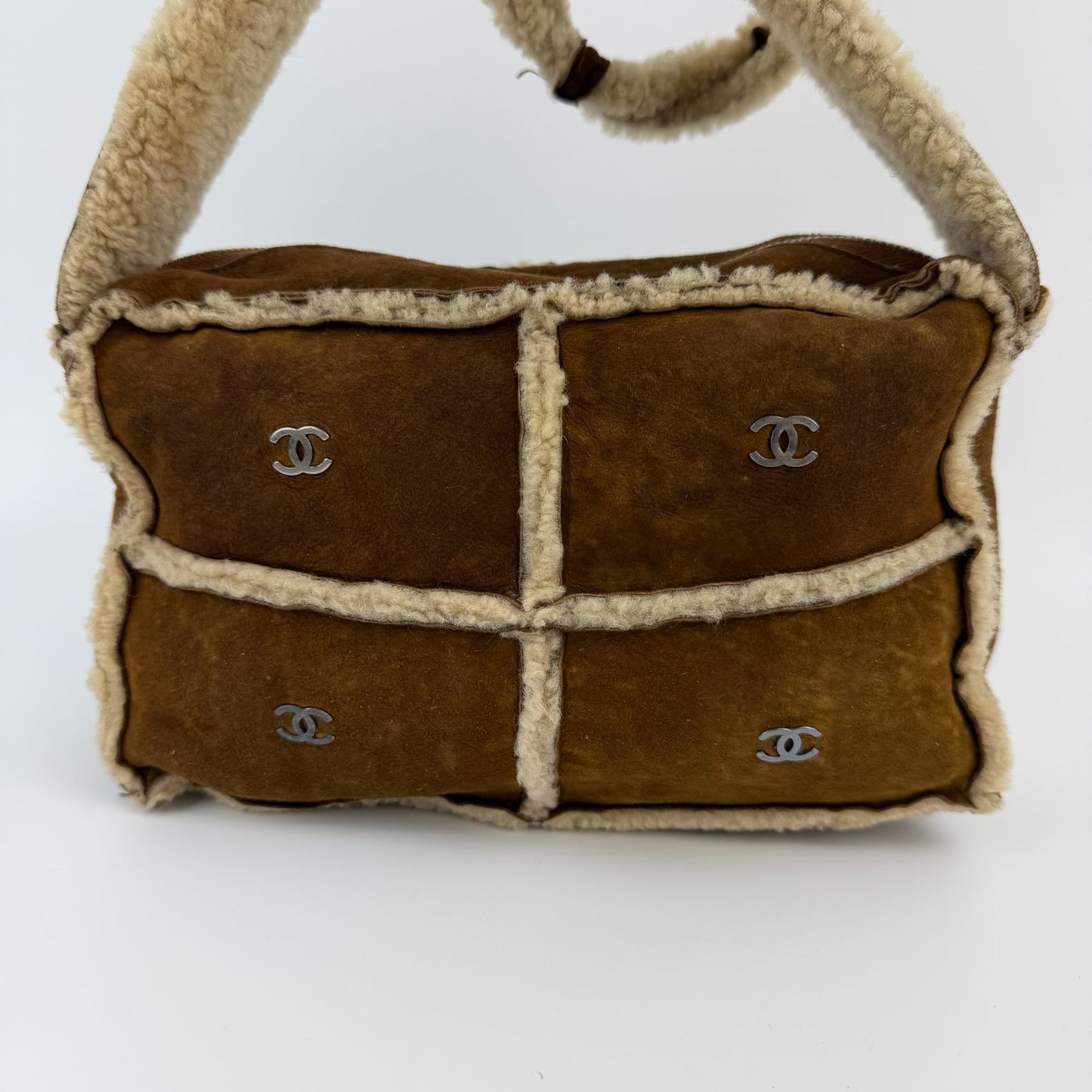 Chanel CC Logo Shoulder Bag Brown Shearling Suede Vintage
