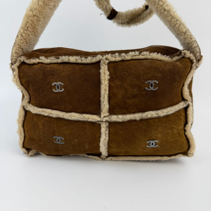 Chanel CC Logo Shoulder Bag Brown Shearling Suede Vintage