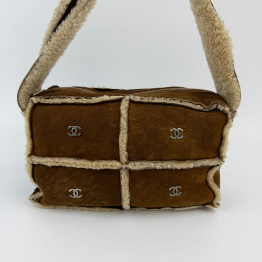 Chanel CC Logo Shoulder Bag Brown Shearling Suede Vintage