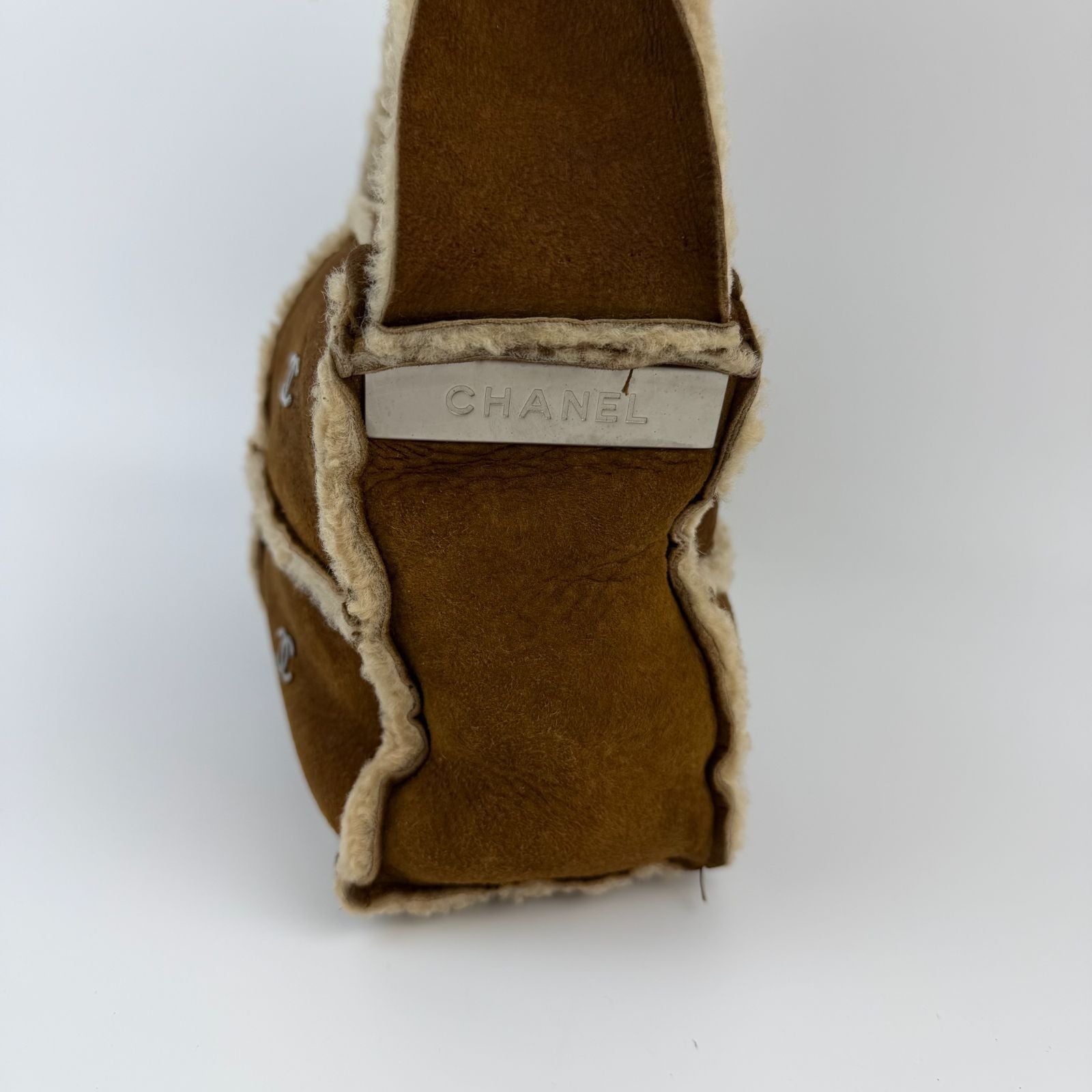 Chanel CC Logo Shoulder Bag Brown Shearling Suede Vintage
