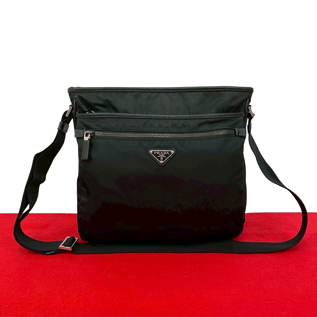 Prada Triangle Logo Nylon Saffiano Leather Shoulder Bag Crossbody Black