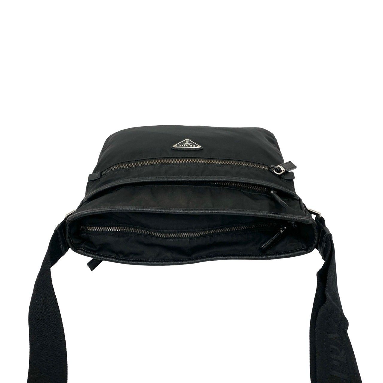 Prada Triangle Logo Nylon Saffiano Leather Shoulder Bag Crossbody Black