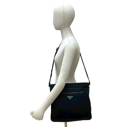 Prada Triangle Logo Nylon Saffiano Leather Shoulder Bag Crossbody Black