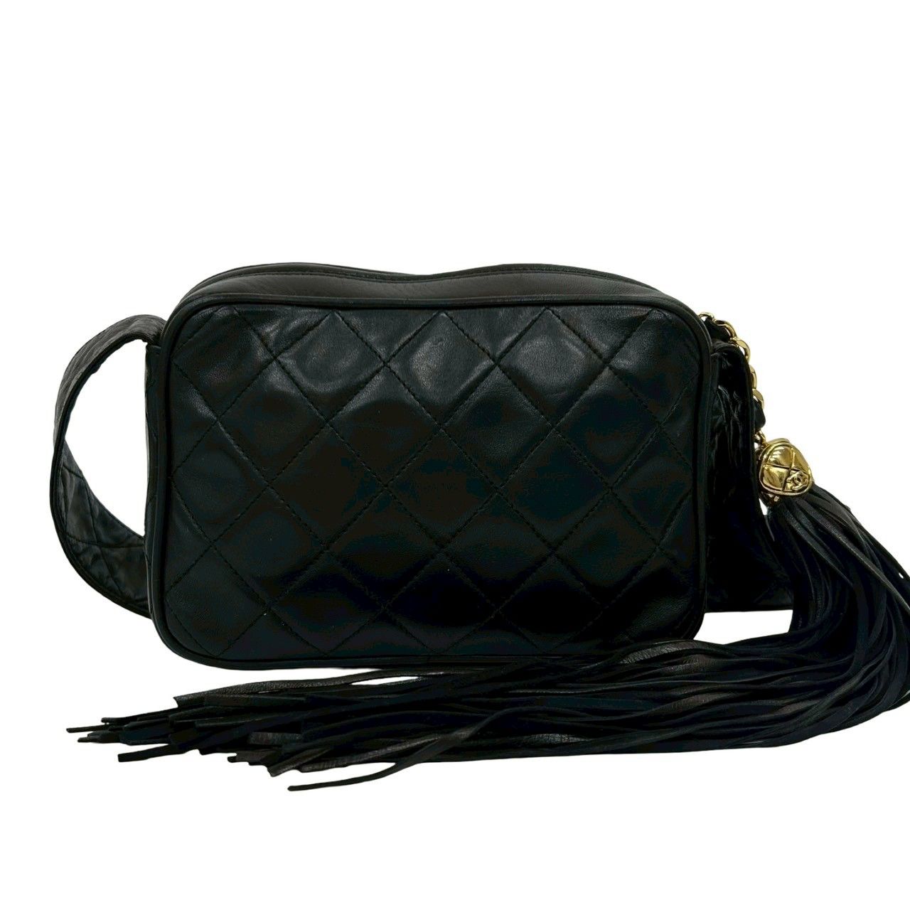 Chanel Quilted CC Logo Fringe Tassel Lambskin Mini Shoulder Bag Black