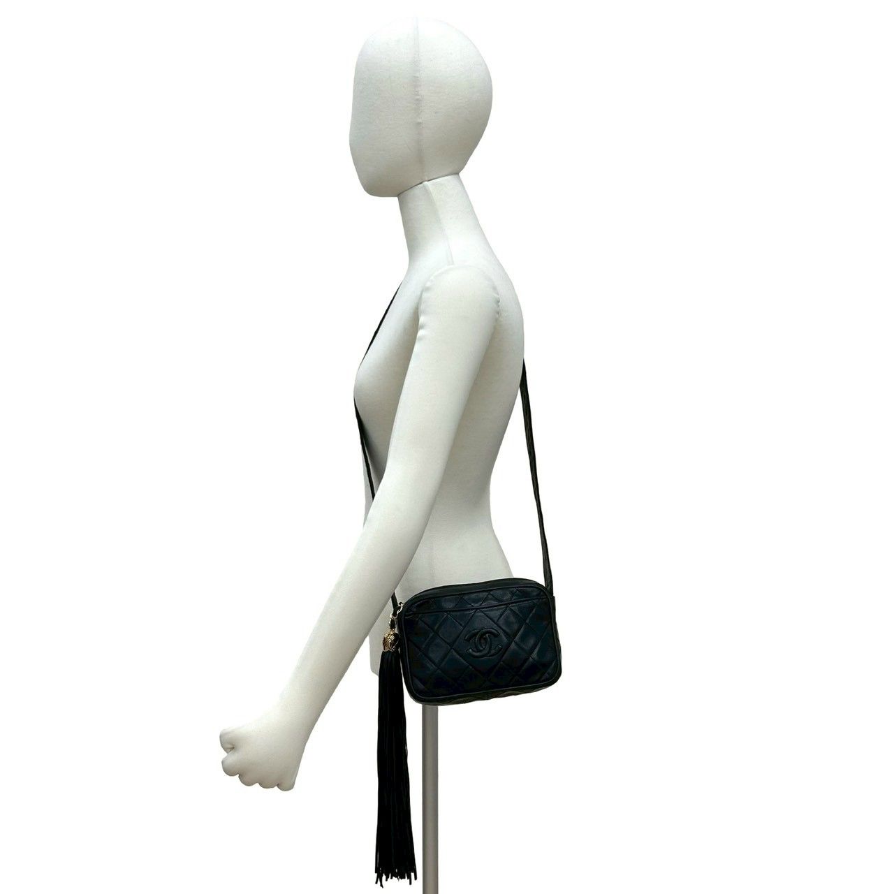 Chanel Quilted CC Logo Fringe Tassel Lambskin Mini Shoulder Bag Black