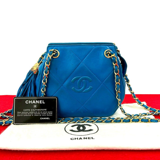 Chanel Card and CC Logo Fringe Lambskin Leather Chain Shoulder Bag Blue