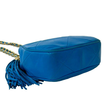 Chanel Card and CC Logo Fringe Lambskin Leather Chain Shoulder Bag Blue