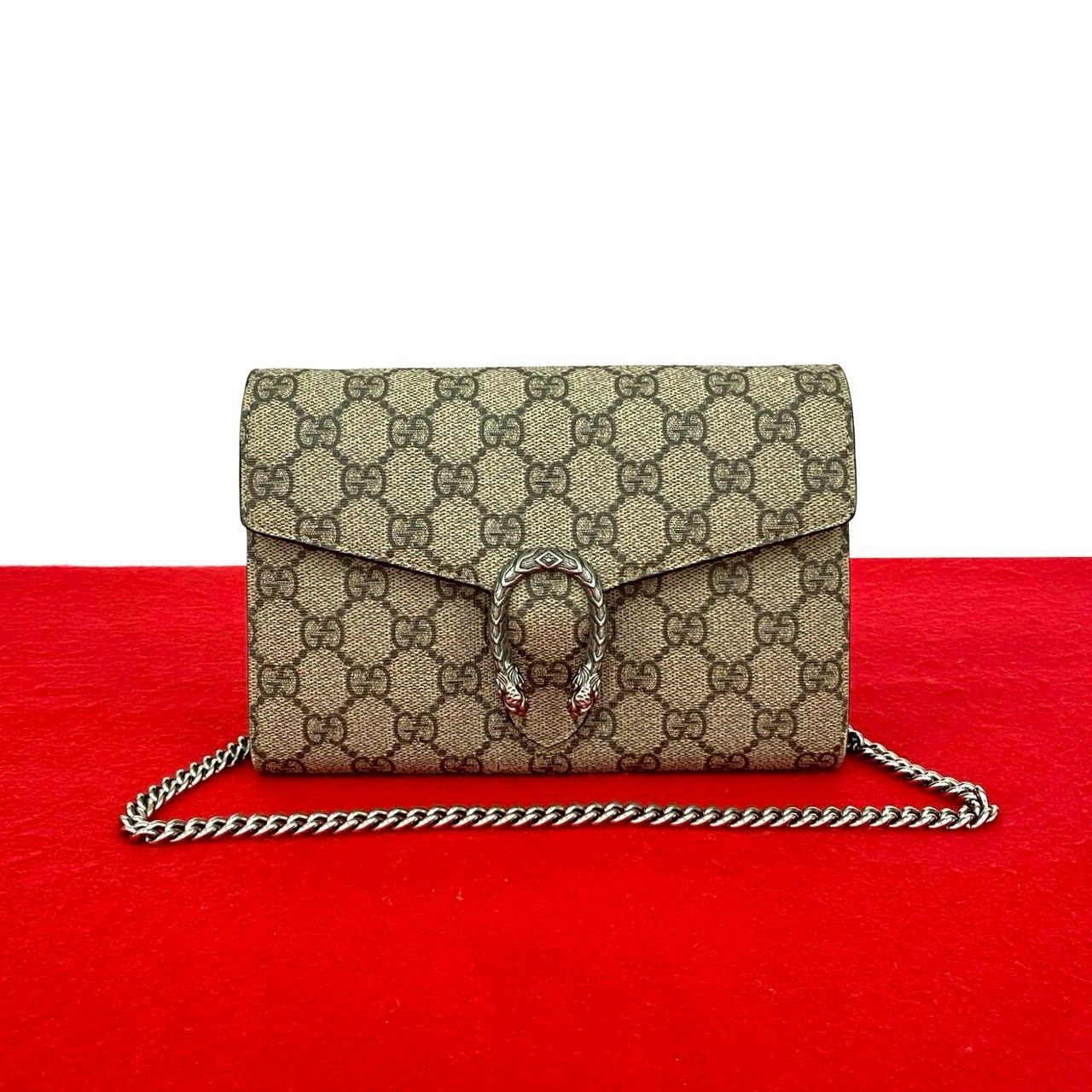 Gucci Dionysus GG Supreme Leather Chain Shoulder Bag Wallet Pochette Brown