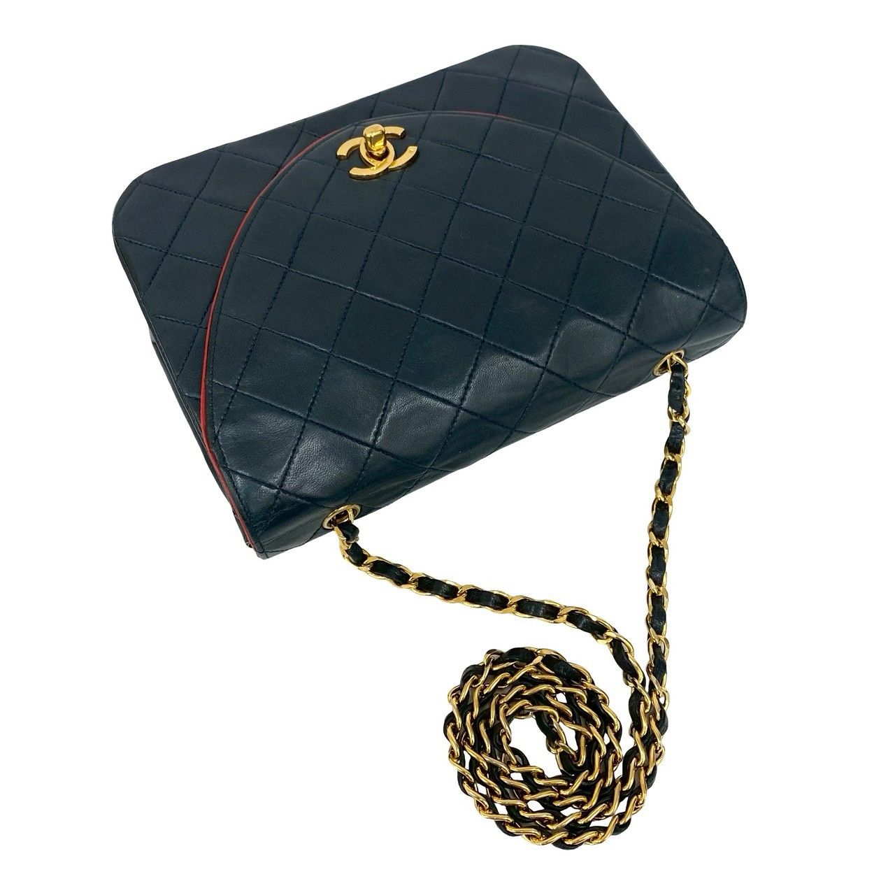 Chanel Quilted CC Logo Lambskin Shoulder Bag Navy Red Bicolor
