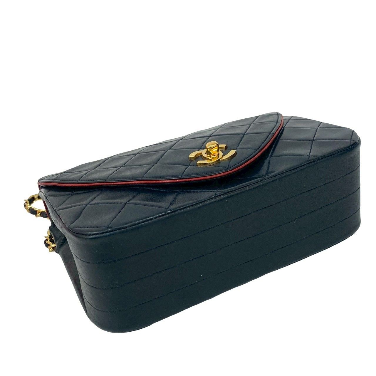 Chanel Quilted CC Logo Lambskin Shoulder Bag Navy Red Bicolor