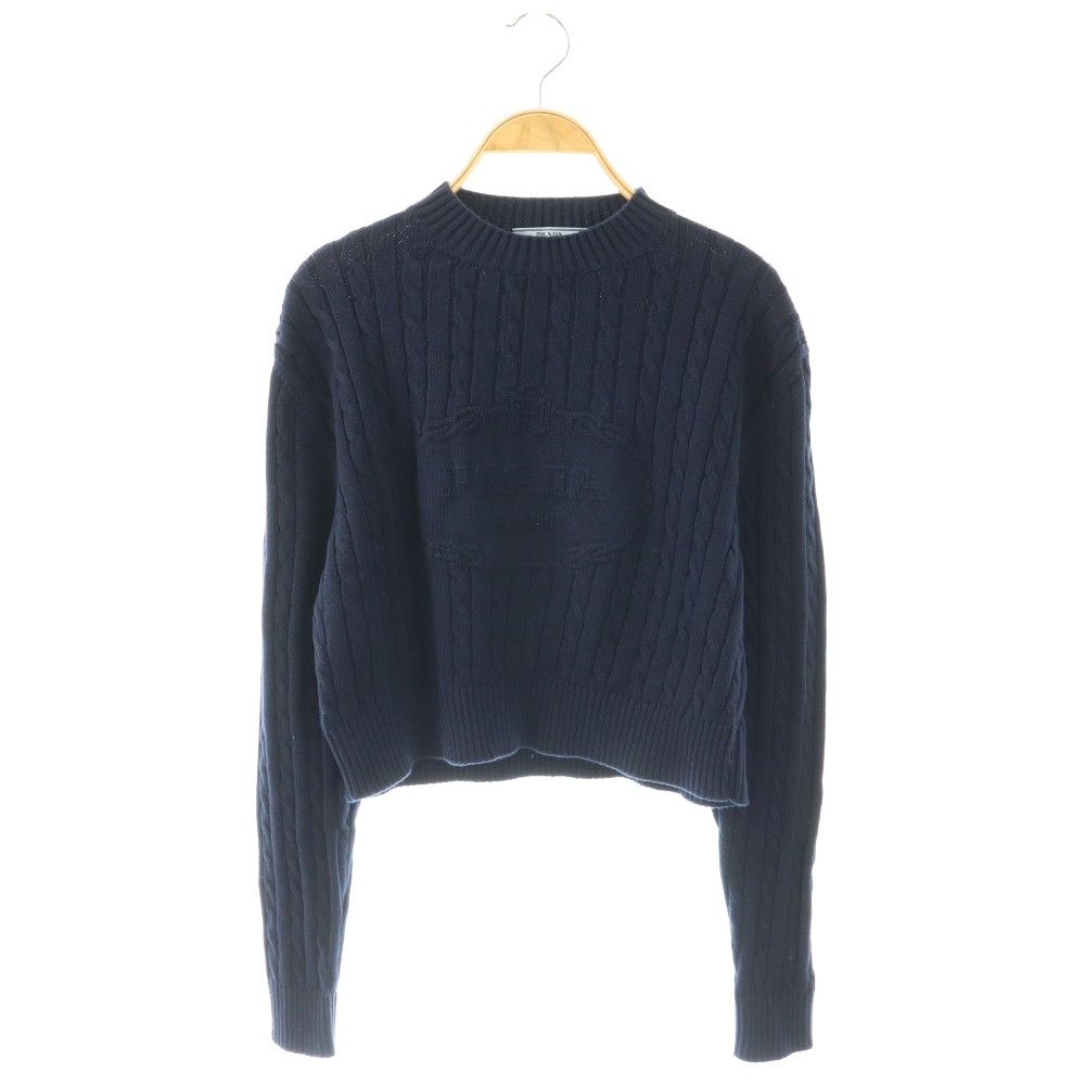 Prada Cotton Logo Cropped Knit Sweater 36 Navy
