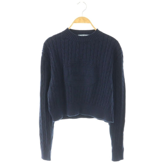 Prada Cotton Logo Cropped Knit Sweater 36 Navy