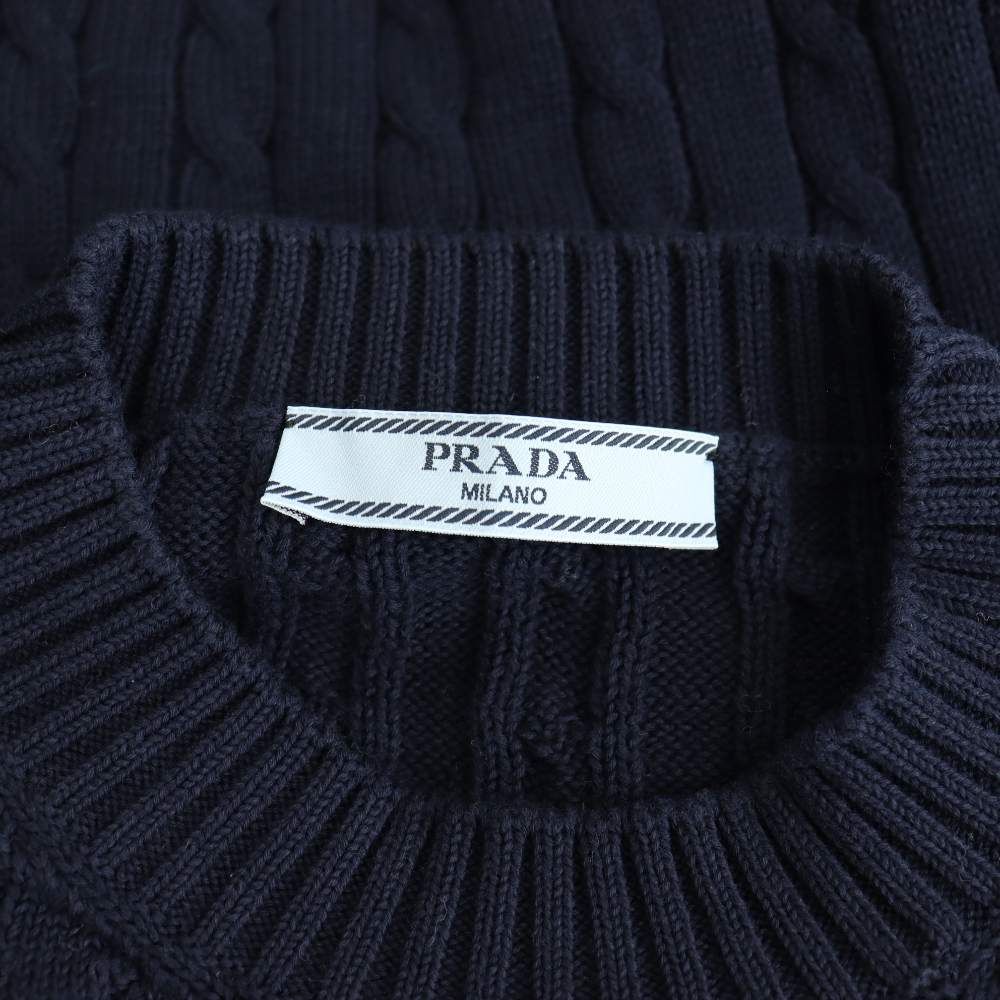 Prada Cotton Logo Cropped Knit Sweater 36 Navy