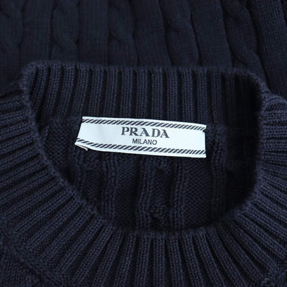 Prada Cotton Logo Cropped Knit Sweater 36 Navy