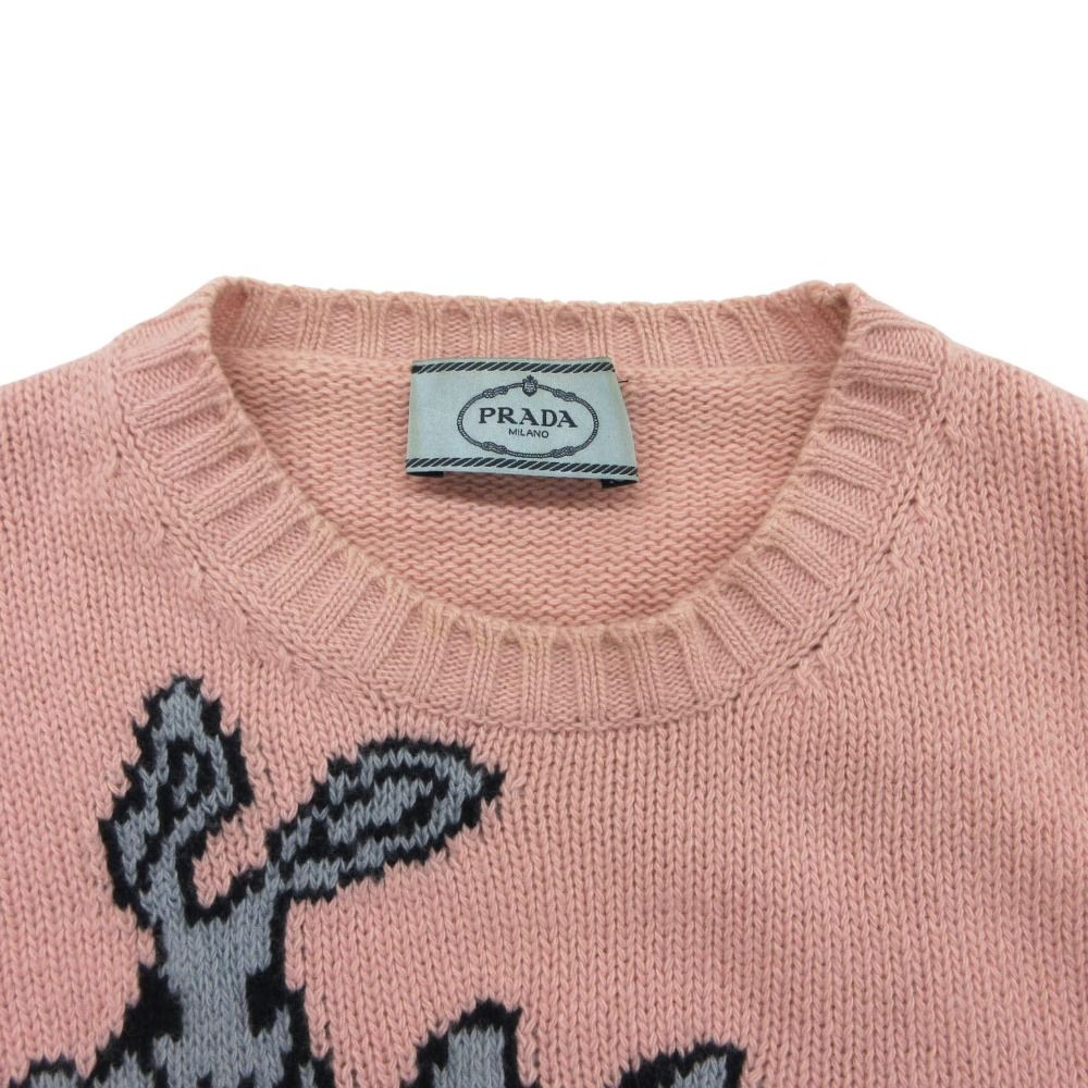 Prada Knit Wool Cashmere Rabbit Pattern Sweater Pullover Top Long Sleeve Pink